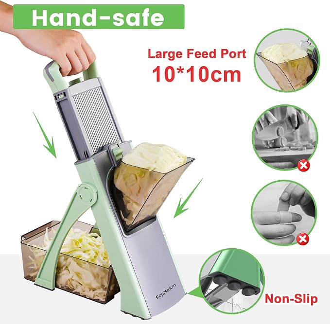 Upgrade Safe Mandoline Slicer for Kitchen, SupMaKin Bigger Entrance Vegetable Food Slice Potato Slicer Chopper, Adjustable Thickness Multi Mandolin, Julienne + Dicer Kitchen Must Haves Green | 0.1-8mm, Cut Resistant Stainless Steel Blades,Potato Fry Cu...