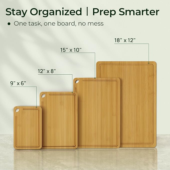 Keechee Natural Bamboo Cutting Board Set of 4, Wood Chopping Block Set | Non Toxic, Resisted-Cracking&Curling, Deep Juice Groove, Side Handles,Cross-Laminated Structure, Knife-Friendly