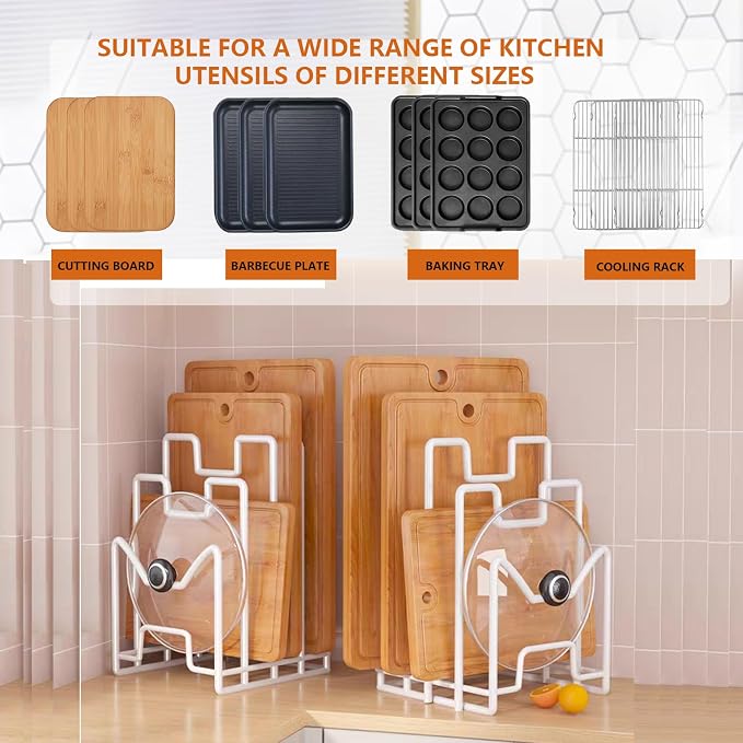 Multifunctional Cutting Board Organizer, Cutting Board Holder Rack Baking Cookie Pan Sheets Cooling Racks Storage Stand for Kitchen Cabinet -Divided Holder with 4 Slots (2PS Black) (2White)