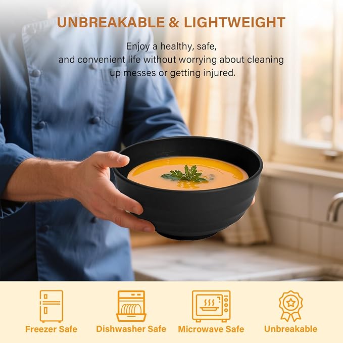 Salad Bowl Wheat Straw Bowls 60 OZ Bowls for Kitchen,Large Bowls for Camping,Travel,Party, Unbreakable Bowls Set of 8,Microwave and Dishwasher Safe Dishes for Cereal,Ramen,Soup-Grey Stone