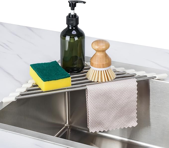 Tomorotec Triangle Roll-Up Dish Drying Rack Sink Corner Small Foldable Stainless Steel Over The Sink Multipurpose Kitchen Drainer Caddy Organizer Storage Shelf Holder (Coconut Milk White) | BPA-Free Food-Grade Silicone Edges Foldable Waterproof Rustpro...