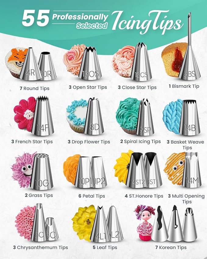 RFAQK 200PCs Cake Decorating Kit with Cake Turntable & Leveler, Baking Supplies Gift Includes 110+1 Piping Bags,55 Icing Tips,2 Frosting Spatulas, Adjustable Scraper, Video Tutorial, Booklet & more