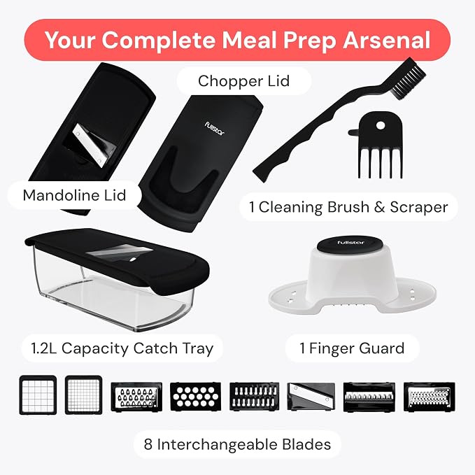 Fullstar Pro Original Vegetable Chopper & Mandoline Slicer Kitchen Gadget | 8 in 1 Veggie Slicer, Onion & Fruit Cutter with Sharp Stainless Steel Blades & Container, All-in-One Meal Prep Tool (Black)