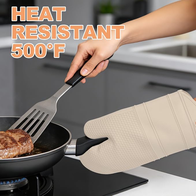 YUTAT Silicone Oven Mitts,Heat Resistant 2PCS Oven Mitts with Soft Polyester Filling,Perfect for Baking and Cooking,Khaki
