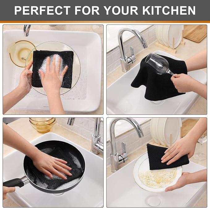 Kitinjoy 100% Cotton Waffle 6-Pack Kitchen Towels, 12" x 12", Black | Ultra Absorbent, Super Soft, lightweight, Quick Drying Dish Rags for Washing Dishes