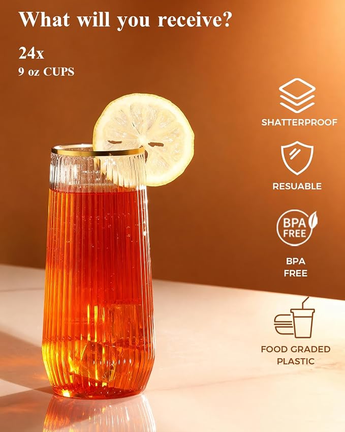 BESTSTAR 48Pack Gold Rim Disposable Ribbed Origami Ripple Plastic Glasses | 24 9 OZ Stemless Champagne Flutes & 24 12OZ Cups, BPA-Free Shatterproof Clear Drinkware for Weddings, Parties & Events
