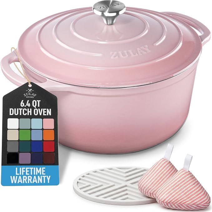 Zulay Kitchen 6.4QT Enameled Cast Iron Dutch Oven Pot with Lid, Heavy-Duty Soup Pot for Stews, Braising, Roasting & Sourdough Bread Baking, Oven Safe up to 500°F - Pink