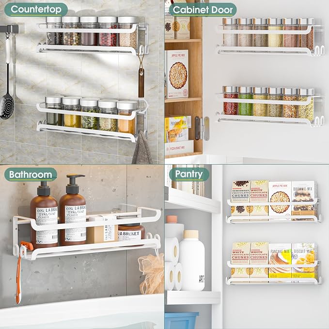 LUCYCAZ 2 Pack Wall Mounted Spice Rack for Spice Jars & Seasonings (White) | 8 Metal Hooks, Space-Saving,Screw or Adhesive Spice Shelf Hanging,for Kitchen Cabinet,Pantry Door,RV,Camper Spice Orgnaizer