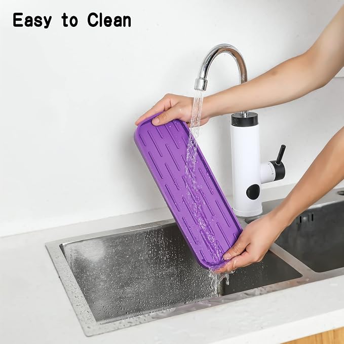 MicoYang Silicone Kitchen Sink Organizer Tray for Multiple Usage,Eco-Friendly Sponges Holder for Kitchen Bathroom Counter or Sink,Dish Soap Dispenser,Scrubber,Bottle,Cup (Purple, 12"×4")