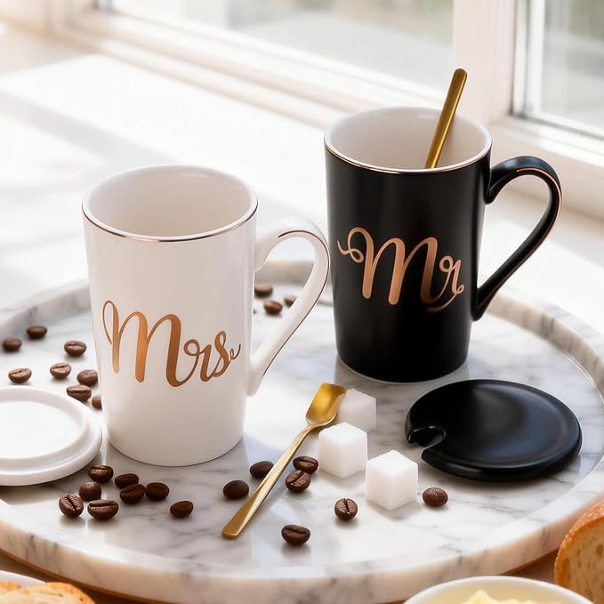 Mr and Mrs Mugs Set Printed with Gold, Wedding Engagement Gifts for Couples