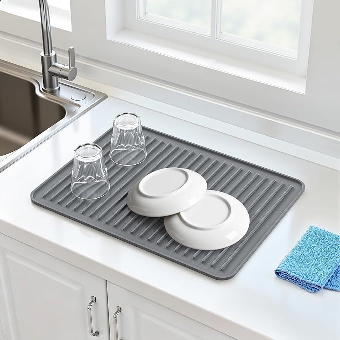 Songrey Silicone Dish Drying Mat for Kitchen Counter, 16" x 12", White | Drying Pad for Sink Dishes or Under Rack, Multi-Use as Heat Resistant Trivet, Coffee Bar Mat