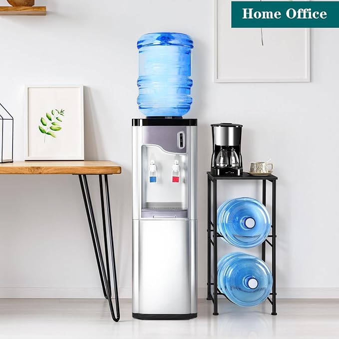 OYEAL Water Bottle Holder 5 Gallon Water Jug Holder with Storage Shelf, 2 Tier Black Water Bottle Rack Stand with 2 Slots for Small Space, Kitchen, Home Office, Living Room