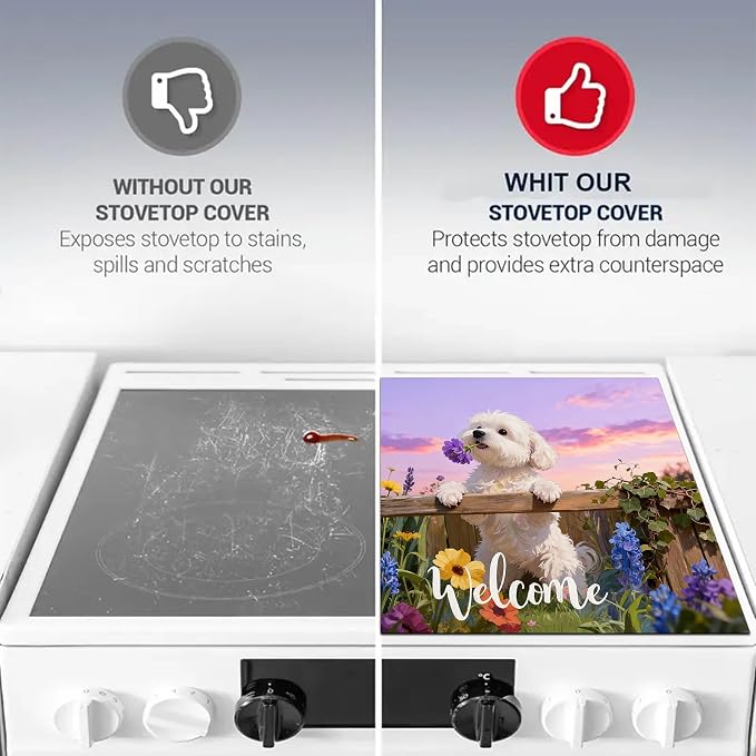HOMETITUTE Spring Stove Top Covers for Electric Stove 28x20 Inches Puppy Flower Garden Sunset Heat Resistant Glass Cooktop Protector Pad Decorative Stovetop Cover Dish Drying Mats for Kitchen Decor