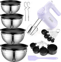 Lord Eagle 5-Speed Hand Mixer Electric With 4 Mixing Bowls Set | 300W Lightweight Kitchen Handheld Mixer with Measuring Cups & Spoons, Stainless Steel Bowls, Baking Supplies for Cake, Purple