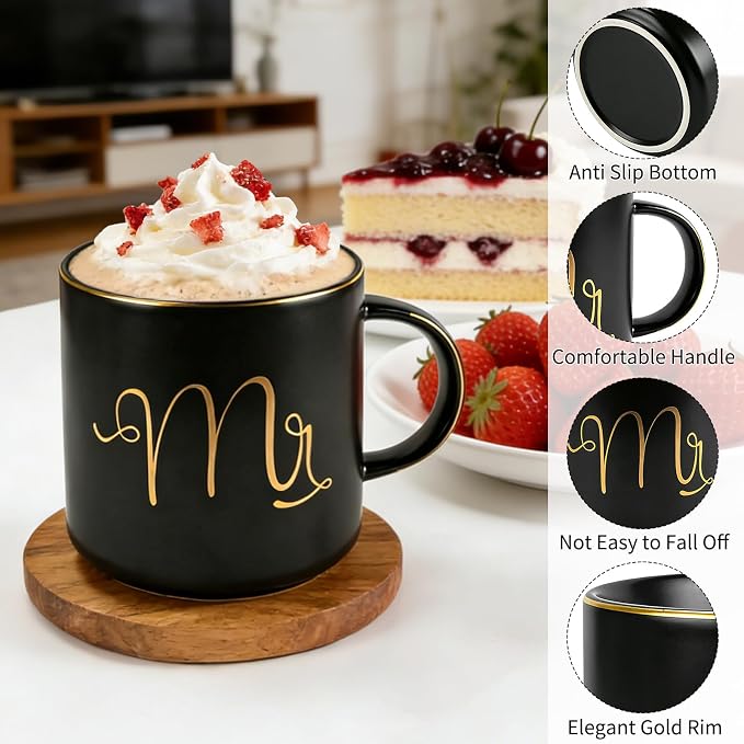 Cheardia 12 oz / 360 ml Mr. and Mrs. Mug, Ceramic Coffee Couple Mug Set | His and Hers Mugs for Bride and Groom, Anniversary, Valentines, Bridal Shower, Engagement Gifts, Black & White