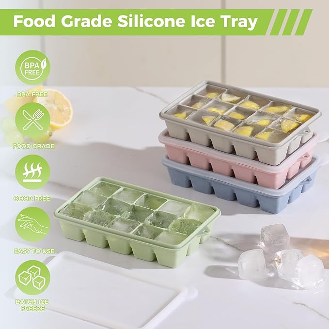 4 Pack Silicone Ice Cube Trays, Easy Release Ice Trays for Freezer with Lid | Reusable and Stackable Ice Trays for Freezer for Cocktail, Whiskey, Baby Food, BPA Free (green)