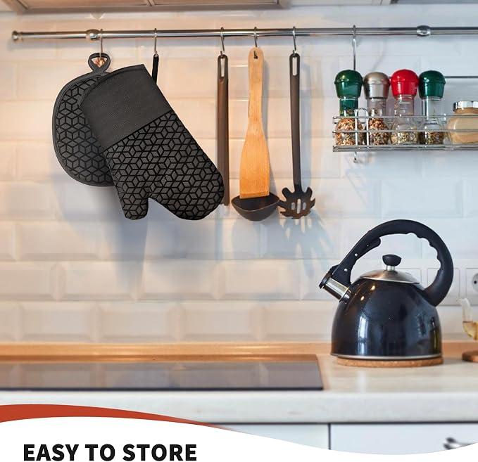 Oven Mitts and Pot Holders, 500°F Heat Resistant, Black | Oven Mitts Sets, Silicone Oven Gloves Featuring Non‑Slip Textured Grip, Perfect For Cooking, Baking and Grilling