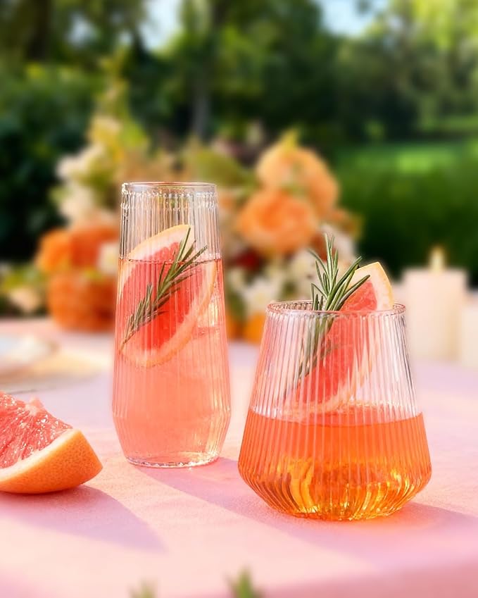 BESTSTAR 24 Pack Clear Plastic Ribbed Origami Ripple Plastic Glasses Set | 12 9 OZ Stemless Champagne Flutes & 12 12OZ Cups, BPA-Free Shatterproof Clear Drinkware for Weddings, Parties & Events