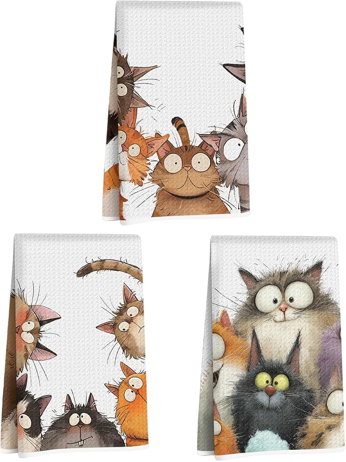 3 Pcs Cute Cat Kitchen Towels, Funny Cats Gifts Absorbent Hand Towels-02 | Cat Dish Cloths for Drying Dishes, Cats Waffle Dish Towels for Kitchen Home Bathroom Decor, Cat Lover Gifts for Women Mom