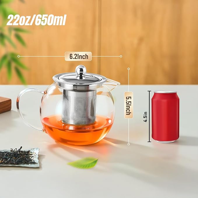 Baalaka Glass Teapot with Infuser, Clear Tea Pot for Stove, 22 oz/650 ml | Tea kettle, tea maker and brewer with removable 18/8 stainless steel infuser for loose leaf or blooming tea, camping, travel