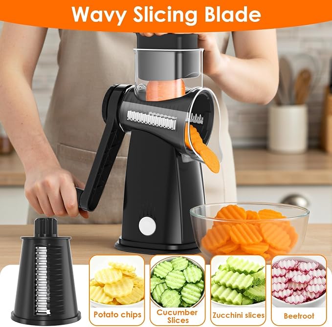 MealHelper 5 Blade Rotary Cheese Grater and Vegetable Chopper with Storage Box and Hand Crank, Compact Shredder for Cheeses, Veggies, Nuts - Easy to Use, Non-slip Suction Base,Black
