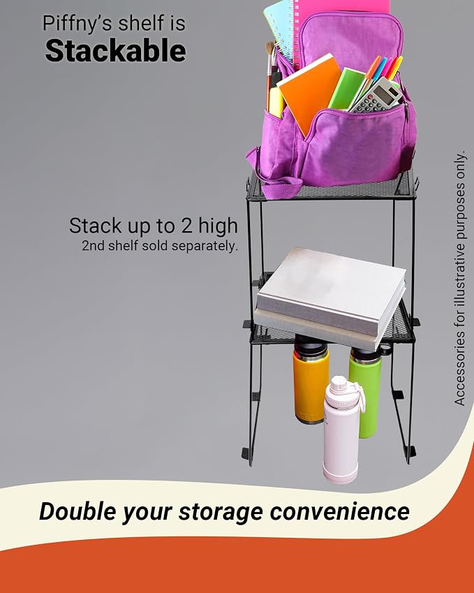 Piffny Locker Organizer Shelf, Stackable, Extra Tall, Fits Standard Size School Lockers (Black 2 Pack)