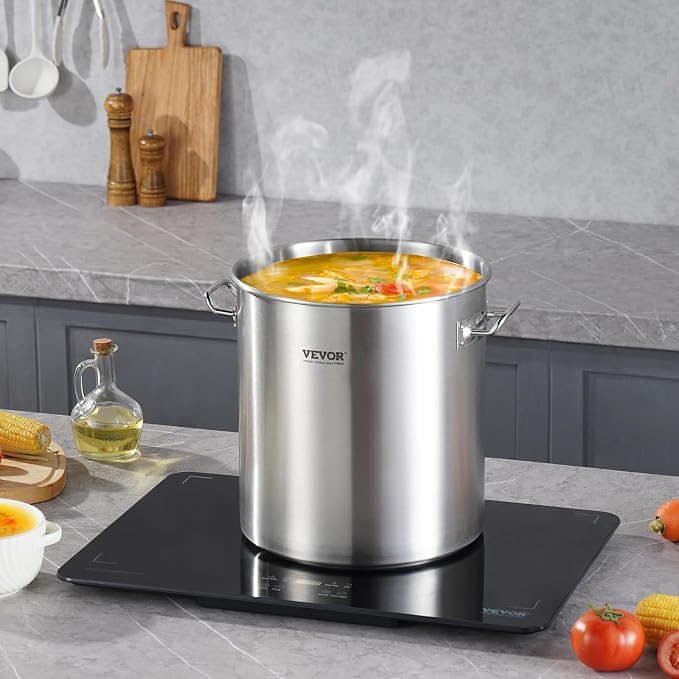 VEVOR Stainless Steel Stockpot, 53 Quart Large Cooking Pots, Cookware Sauce Pot with Lid, and Handle, Heavy Duty Commercial Grade Stock Pot, Sanding Treatment, for Large Groups Events Silver
