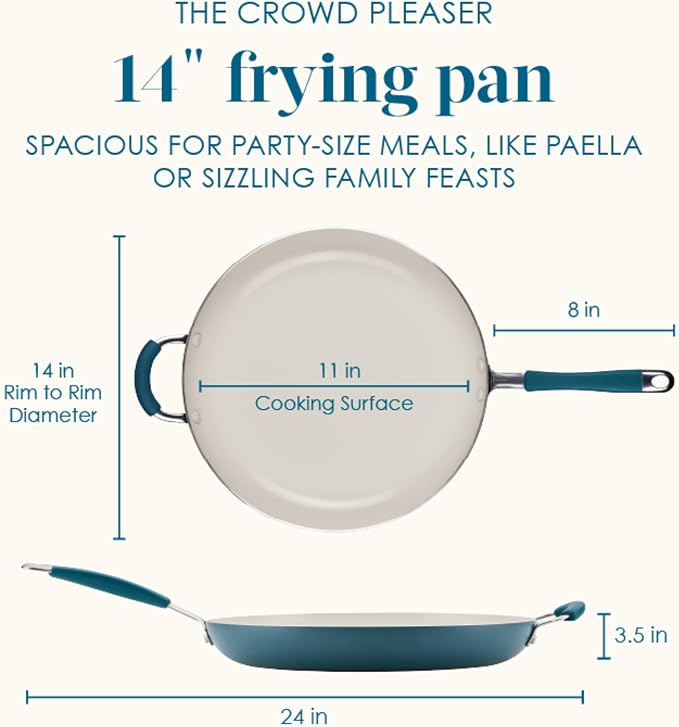 Rachael Ray Cucina Ceramic Nonstick Frying Pan/Skillet, Dishwasher Safe, 14 Inch Open Fry Pan - Marine Blue