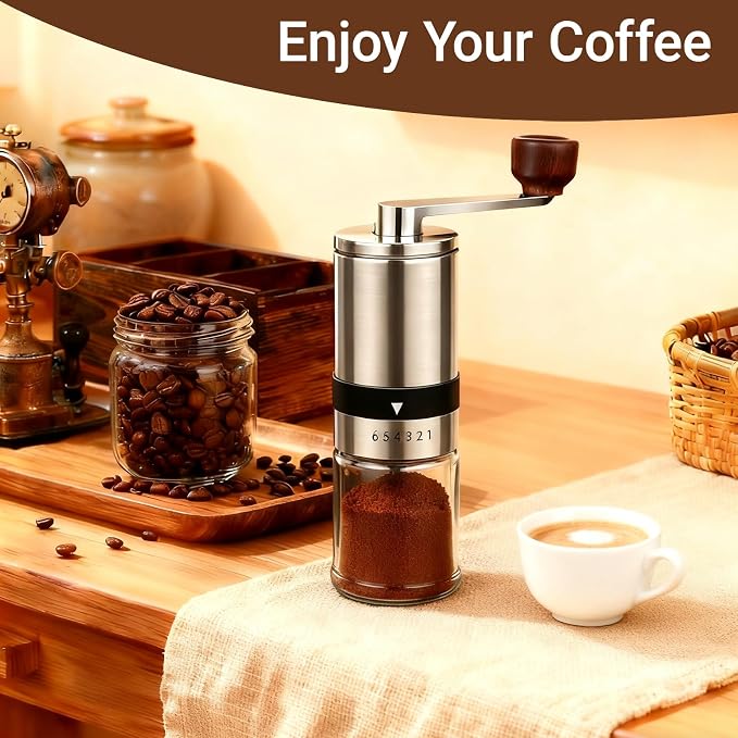 Ceramic Burr Manual Coffee Grinder with 6 Adjustable Coarseness Settings | For Espresso Beans French Press Pour Over Drip, Stainless Steel Hand Crank Coffee Mill for Home Use Office Travel Camping
