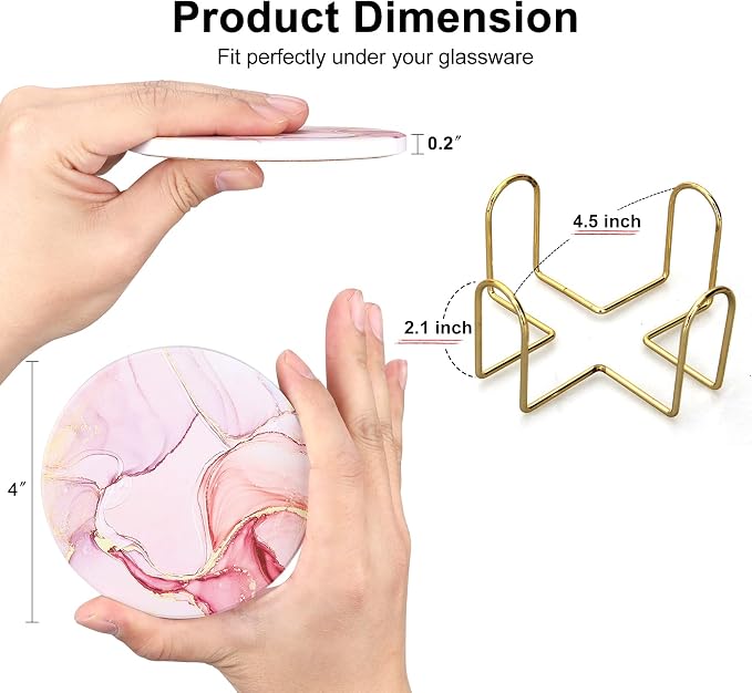 6 Pcs Pink Marble Abstract Ceramic Coasters with Holder Best Round Drink Absorbent Coaster for Desk, Lounge, Coffee Table, Wine, Beverage, Bar Coasters Set