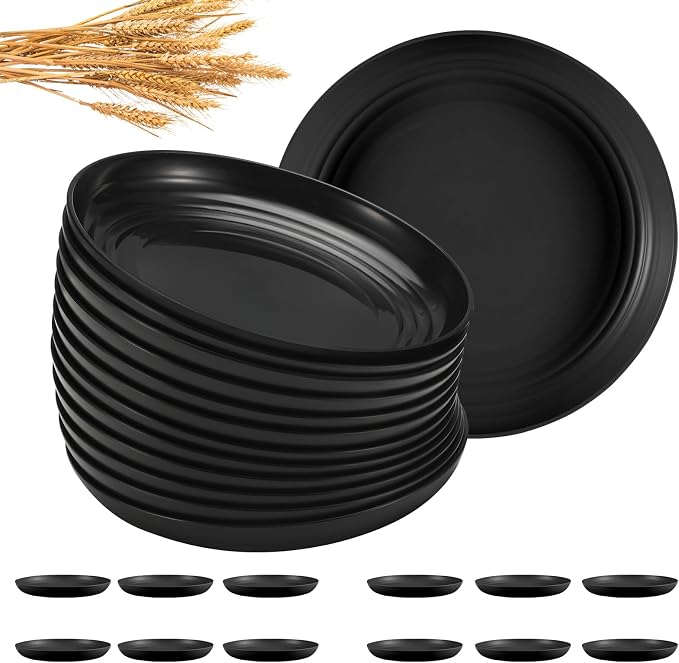 HEYCOME 12 Pcs Unbreakable Deep Dessert Plates Set, 8 inch Reusable Plastic Wheat Straw Plates, Microwave and Dishwasher Safe Plate for Kitchen, Lightweight Plate for Dessert, BPA Free, Black
