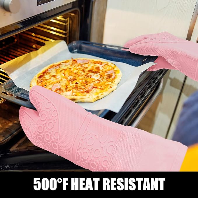 RORECAY Silicone Oven Mitts and Pot Holders Sets, Gloves for Kitchen, Pink | Set of 6 Kitchen Mitts for Baking & Cooking, Heat Resistant 500 ℉, 15" Extra Long, Non-Slip & Waterproof, Quilted Cotton