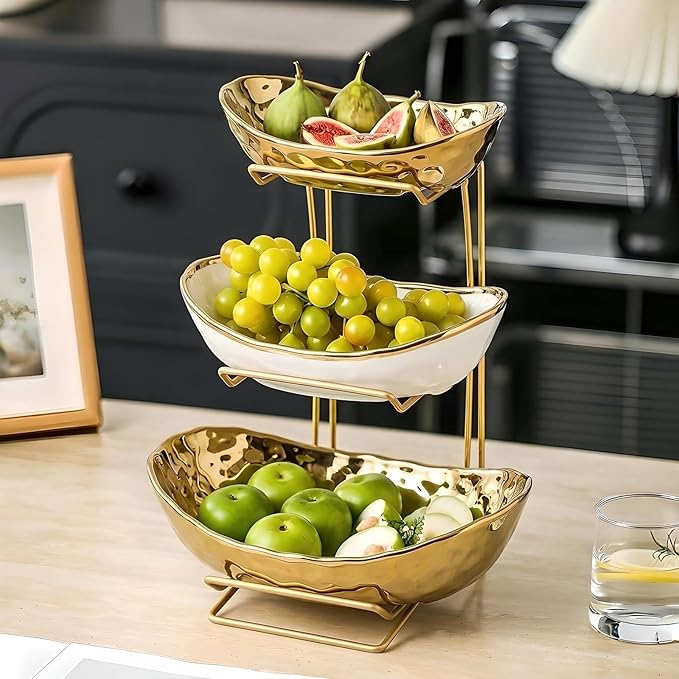 3-Tier Gold Fruit Bowl & Tray with Metal Stand - Ceramic White, Triple Layer for Snacks, Nuts, Bread & Candy Storage