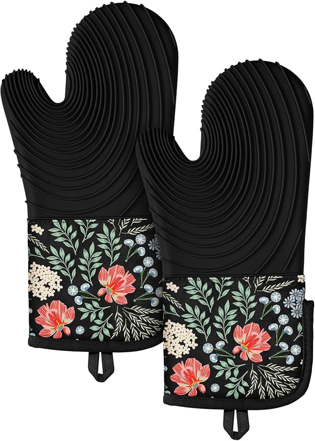 Slohif Long Silicone Oven Mitts Heat Resistant for Women - 2 Pcs Black-Pink Flower 100% Cotton Oven Gloves, Non-Slip and Waterproof Silicone Oven Mitts with Hanger for Baking and Cooking