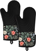 Slohif Long Silicone Oven Mitts Heat Resistant for Women - 2 Pcs Black-Pink Flower 100% Cotton Oven Gloves, Non-Slip and Waterproof Silicone Oven Mitts with Hanger for Baking and Cooking