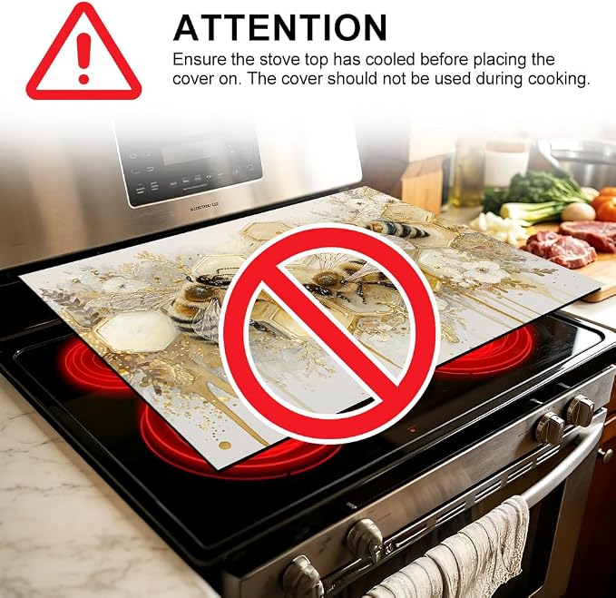 Bee Honey Stove Top Cover 28x20 Inch Decorative Electric Stove Cover | Heat Resistant Cooktop Protector Mat with Non-Slip Backing, Scratch Protection and Countertop Drying Mat.