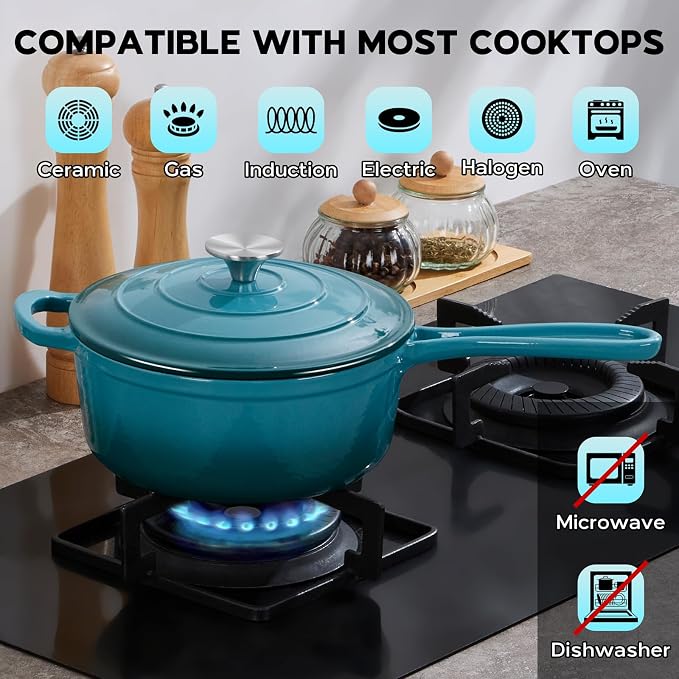 Onader 3QT Enameled Cast Iron Saucepan with Lid, Small Sauce Pan, Enamel Cast Iron Dutch Oven Cooking Pot, Nonstick & Heavy Duty – Dark Cyan