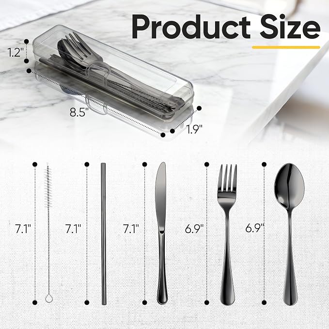 Travel Camping Utensils with Case, 6 Pcs Reusable Stainless Steel Silverware Cutlery Set, Spoon, Fork, Knife + Straw/Brush Kit for Camping, Travel, Office, Lunch Box, Eco On-the-Go (black)