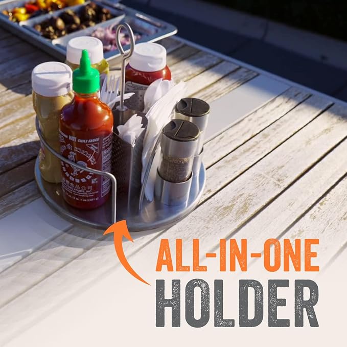 Rotating Condiment Caddy, Stainless, 360-Degree | 2 glass salt and pepper shakers, carry handle, patent pending. For outdoor grill and patio.