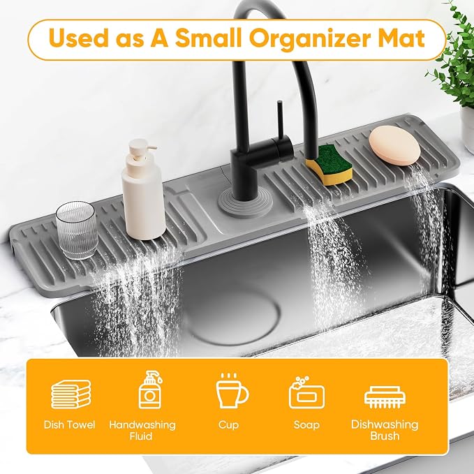 24'' Longer Faucet Mat for Kitchen Sink Splash Guard[7° Slope Fast Self-draining][Snap Lock Fit]Kitchen Sink Faucet Mat Splash Guard Kitchen Sink Area Water Splash Guard Behind Faucet Draining Mat