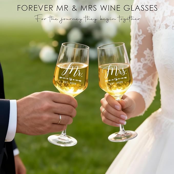 Wedding Gifts for Couples 2026 Mr and Mrs Engraved Wine Glasses Engagement Gift for Newlywed Bachelorette Bridal Shower Gifts for Bride and Groom Present for Bride To Be His and Hers