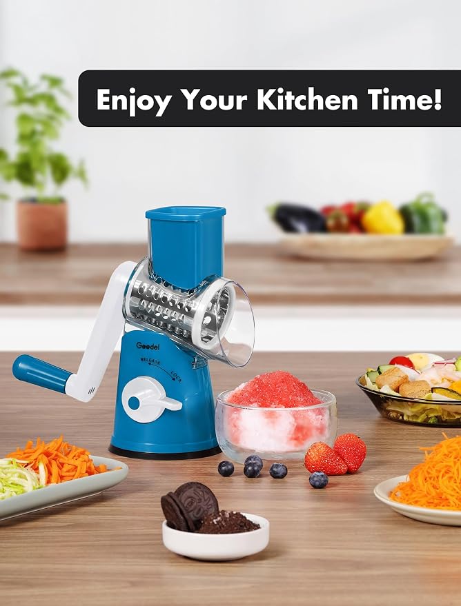 Geedel Rotary Cheese Grater Hand Crank, Cheese Shredder Vegetable Slicer | 5 Blades, 430 Stainless Steel, 12x Fast Cutting, Strong Suction Base, No BPA, Dishwasher Safe, for Cheese, Veggie, Nut
