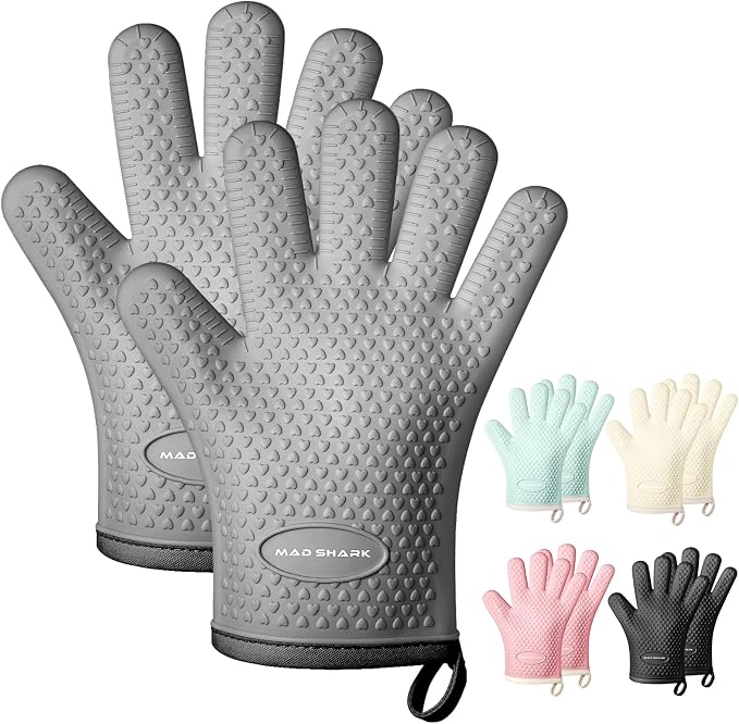 MAD SHARK Silicone Oven Mitts with Fingers Heat Resistant 450°F in Kitchen | Waterproof & Non-Slip Oven Gloves,Cotton Lined Silicone Kitchen Mitts for Baking Cooking Barbecue,Women (Grey)