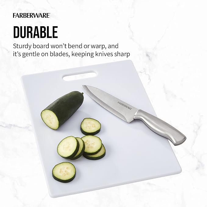 FARBERWARE Large Cutting Board, Dishwasher- Safe Plastic Chopping Board for Kitchen with Easy Grip Handle, 11in by 14in, White