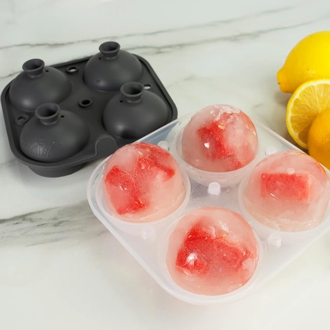Samuelworld Large Silicone Premium Ice Trays, 2-Pack Combo, 2 Inches Big Cubes & 2.5 Inches Sphere Ice Molds - BPA Free, Craft Ice Maker for Gifting, Whiskey, Cocktails, Easy Release - Gray