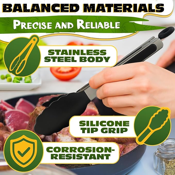 Kitchen Tongs Set of 3, 7/9/12 in, Stainless Steel (Black) | Cooking Tongs with Silicone Tips, Easy-Lock, Heat Resistant, Won't Scratch Pans, Dishwasher Safe, for Grilling, Salad & Pasta