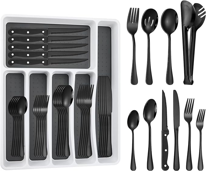 53PCS Black Silverware Set for 8 with Flatware Drawer Organizer, Stainless Steel Cutlery Set with Steak Knives, Include Spoons and Forks Set & Serving Utensils, Mirror Polished, Dishwasher Safe