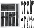 53PCS Black Silverware Set for 8 with Flatware Drawer Organizer, Stainless Steel Cutlery Set with Steak Knives, Include Spoons and Forks Set & Serving Utensils, Mirror Polished, Dishwasher Safe