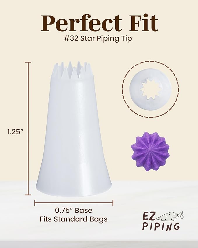 Reusable Plastic Piping Tips, Nozzles Standard Size Star Tip #32 (100pcs) | EZPiping Icing Nozzles with 2 couplers for Cake Decoration and Dessert Design, Baking Supplies Base Ø 0.75" Height 1.25"