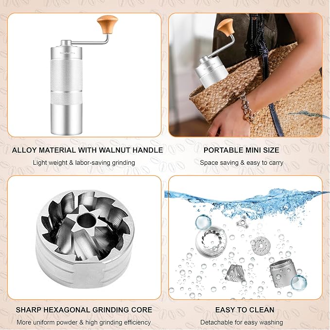 M6 Manual Coffee Grinder for Espresso Pour Over French Press Moka | Conical Burr,24 Adjustable Settings,All-Metal Body,Portable Hand Grinder for Travel,Camping,Home & Office,25g Capacity